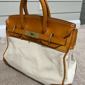 Cream Canvas and Tan Leather Top-Handle Tote